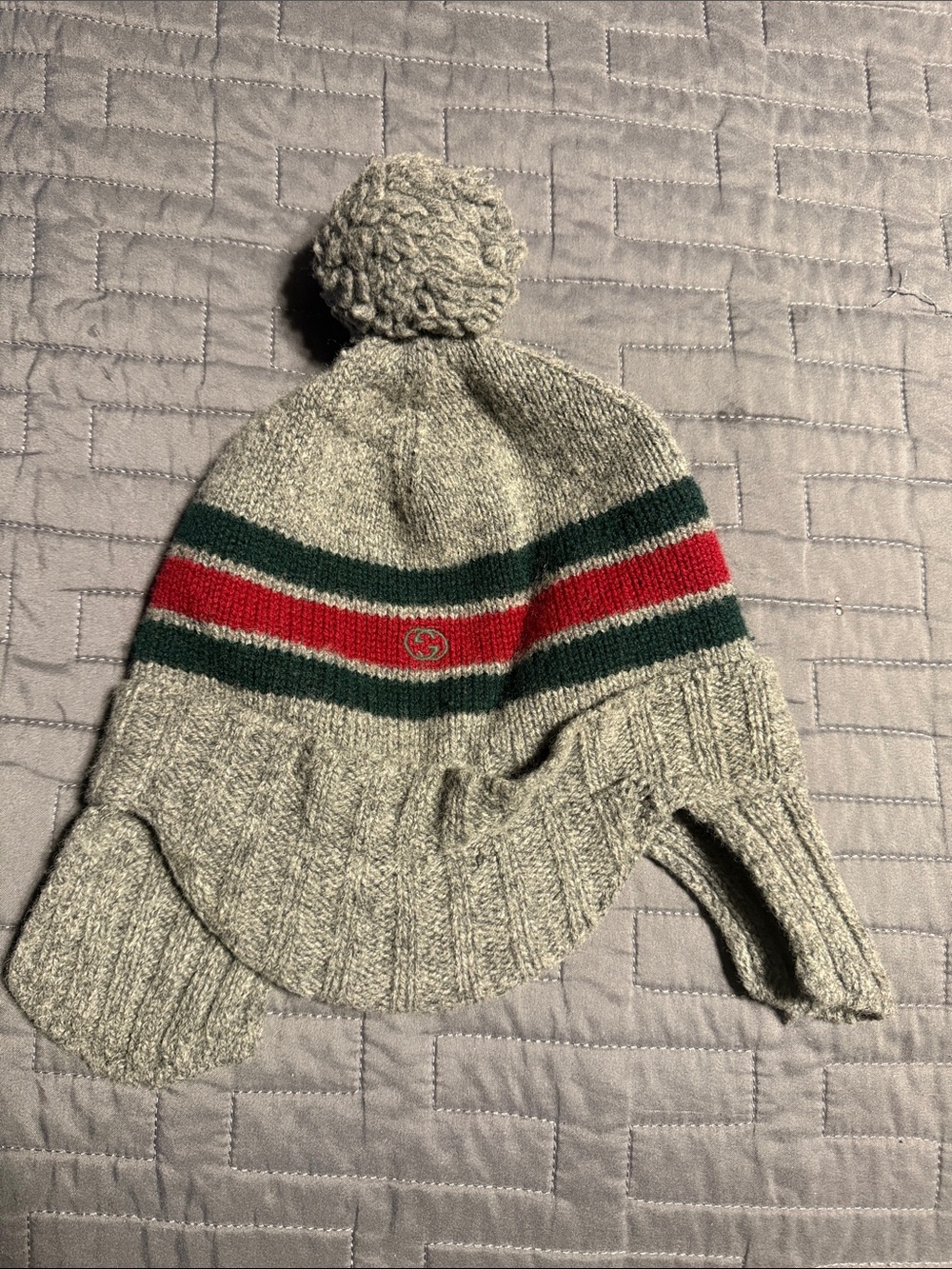 Gucci Grey Knit Kids Pom-Earflap Hat with Red and Green Stripe